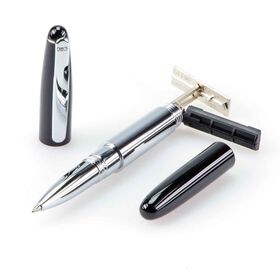 Ручка со штампом HERI 8521, гелевая в футляре, корпус белый металл с чёрными деталями